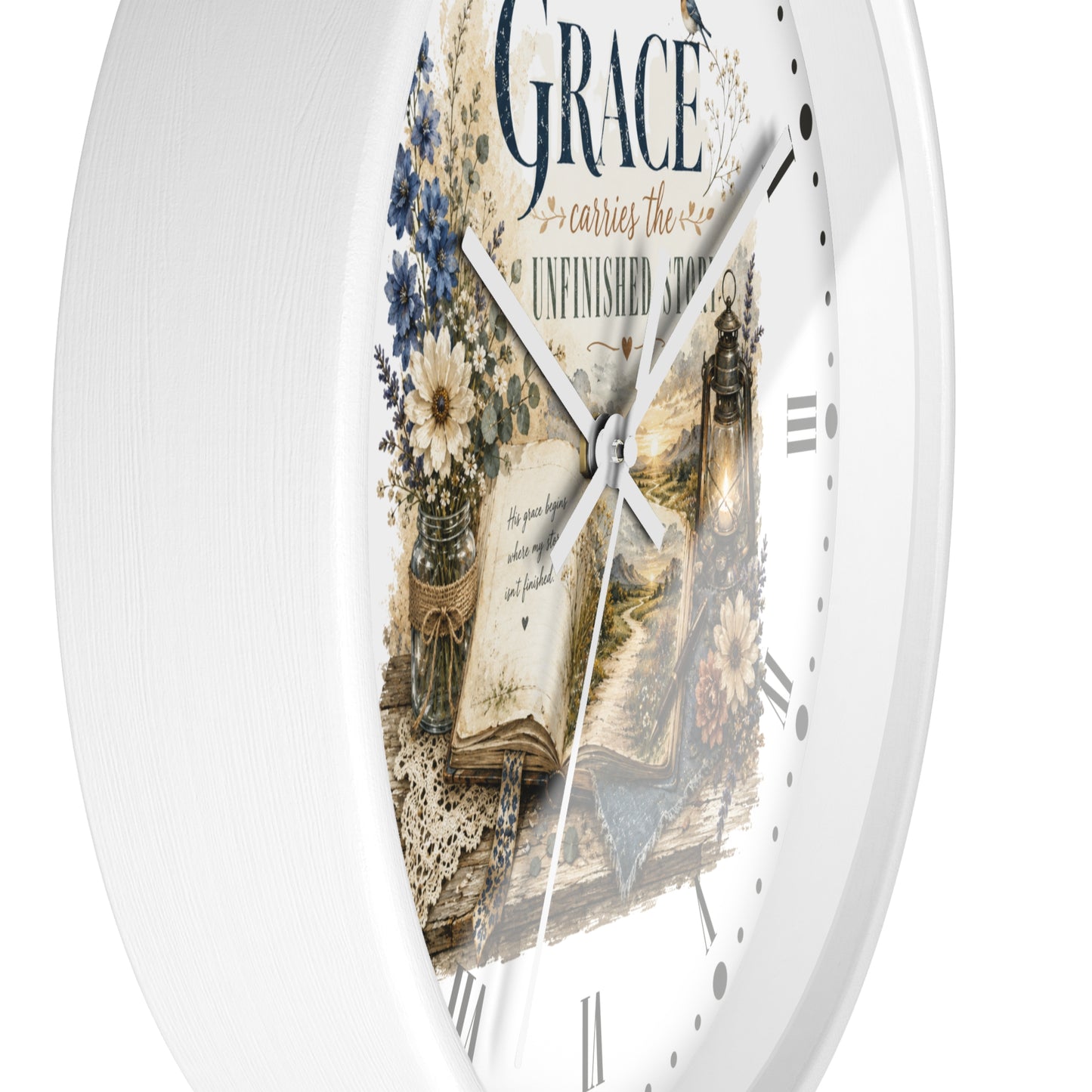Grace Carries the Unfinished Story Wall Clock — Inspirational Rustic Farmhouse Decor