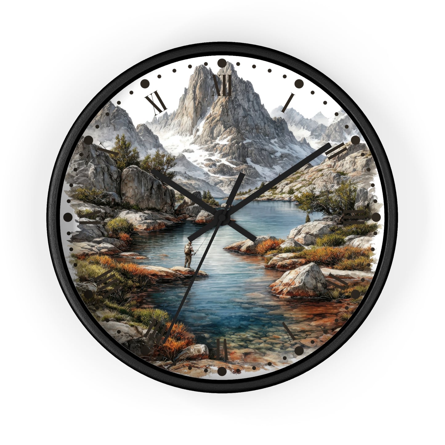 A round wall clock with a black frame and a scenic landscape print featuring a mountain range, rocky shoreline, blue water, and a small figure fishing. The clock face has black Roman numerals and black hands on a white background.
