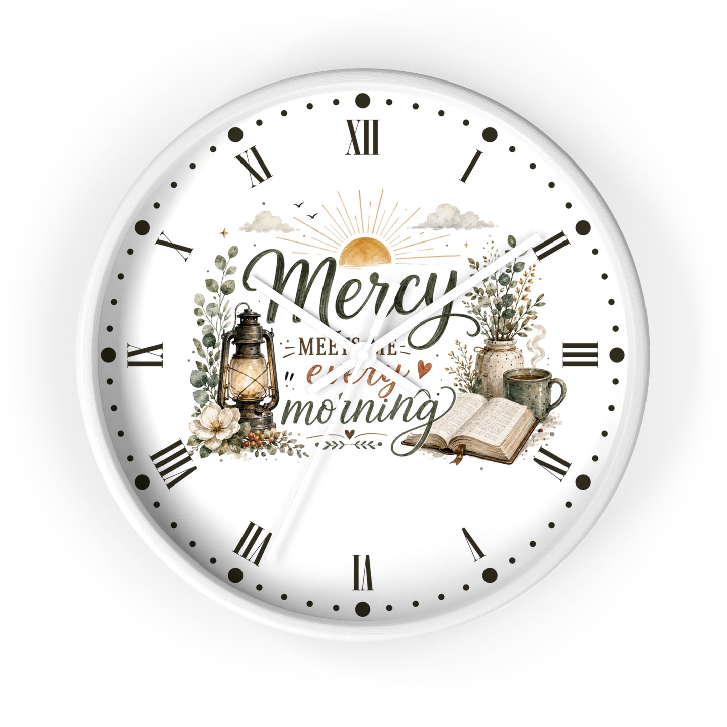 Mercy Meets Every Morning Wall Clock — Rustic Christian Inspirational Decor