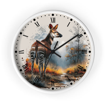 A round wall clock with a white frame and a printed scenic dial featuring a zebra deer in an autumn landscape. The clock uses black Roman numerals and black hands, with a white background around the product.