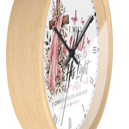 I Will Walk in His Light Wall Clock — Floral Cross Christian Cancer Awareness Gift