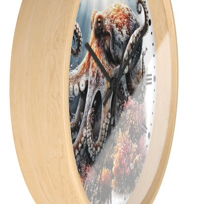 Round wall clock with a light natural wood frame and a printed octopus and coral reef design on the face, shown against a plain white background.