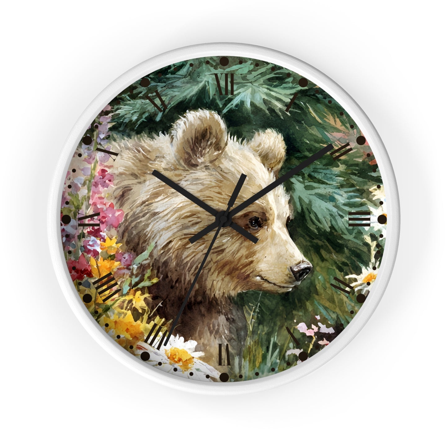 Bear Cub Floral Wall Clock — Rustic Woodland Nursery Decor