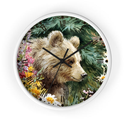 Bear Cub Floral Wall Clock — Rustic Woodland Nursery Decor