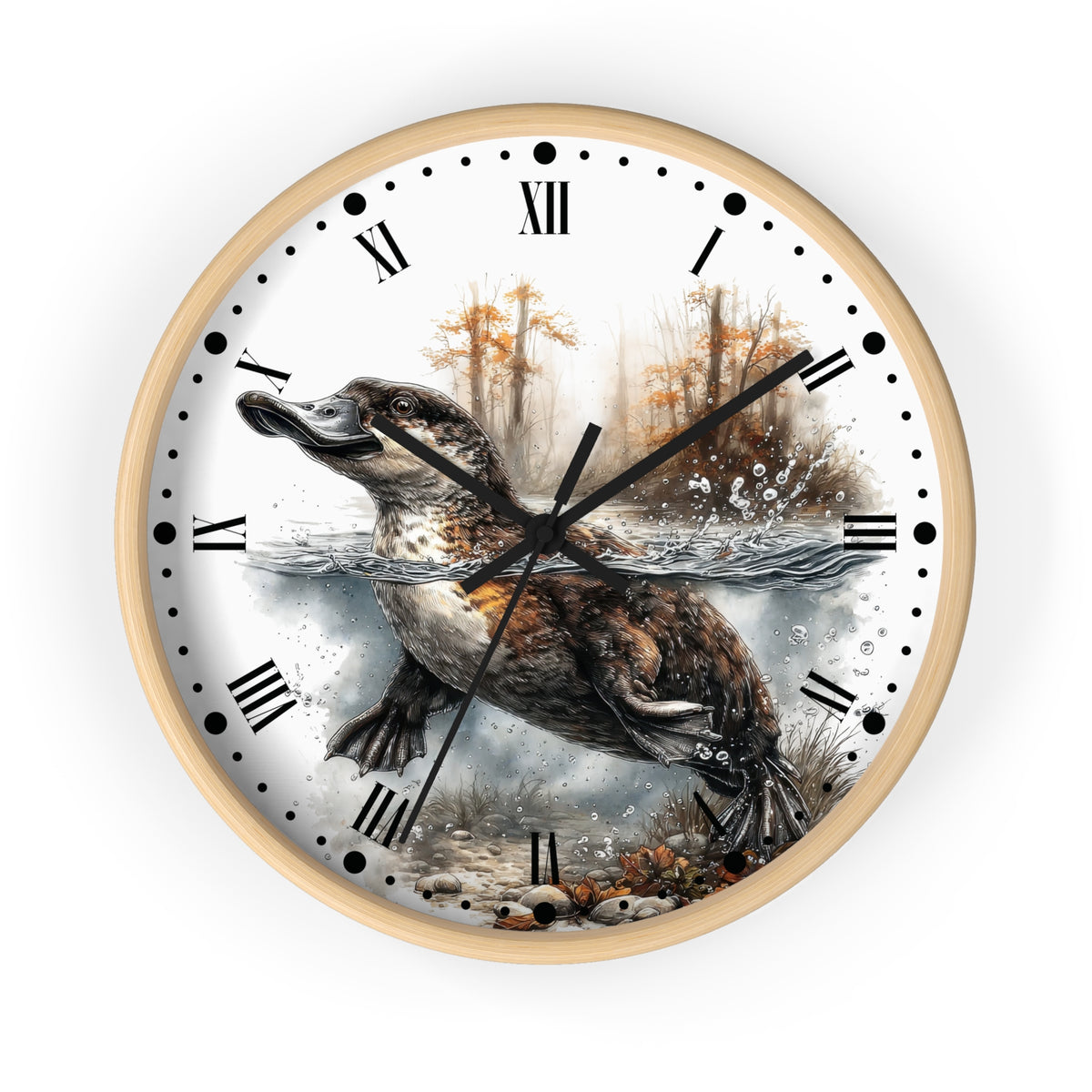 Duckbill Platypus Wall Clock with Roman Numerals — Rustic Woodland Animal Decor