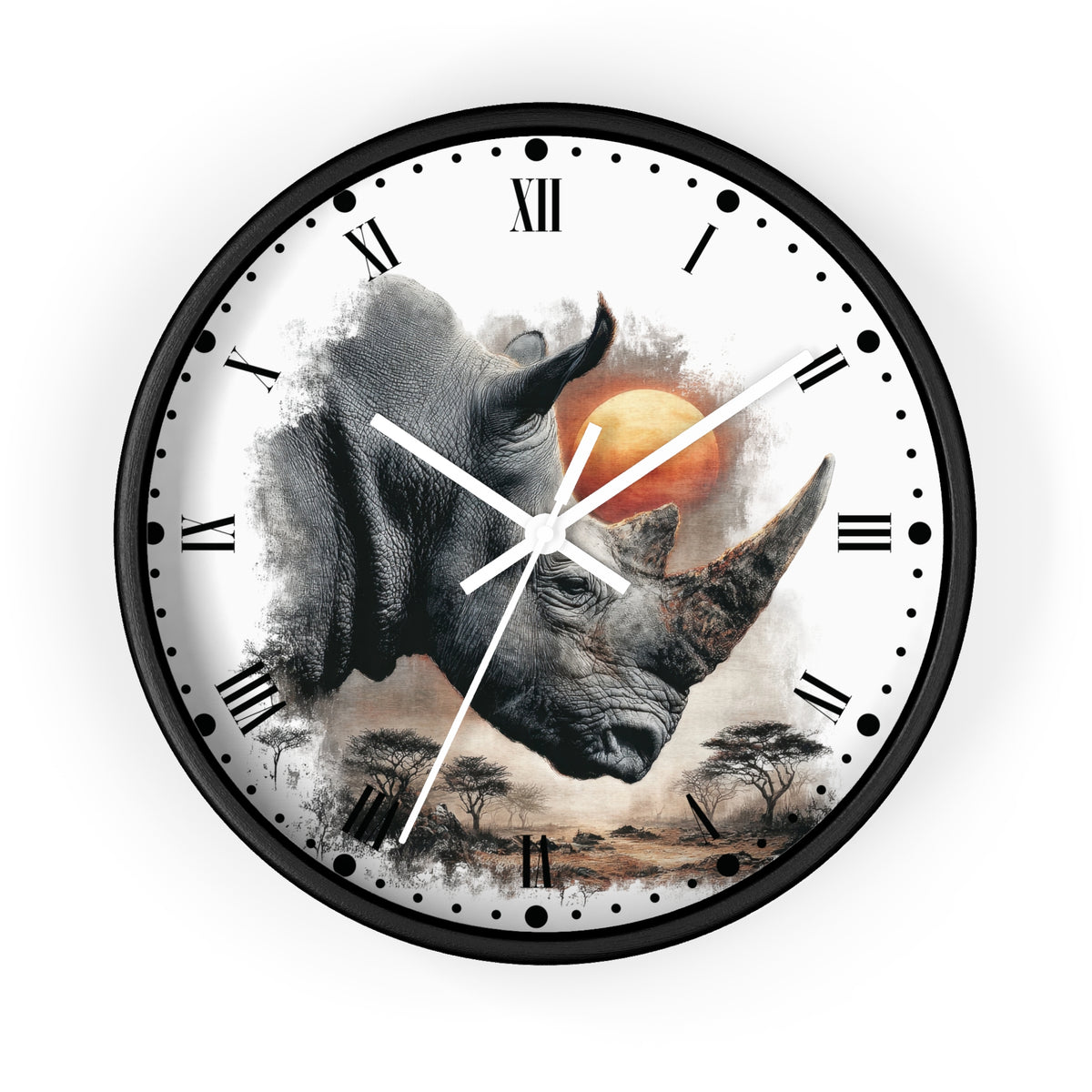 A round wall clock with a black frame and a white face featuring a large rhinoceros illustration, Roman numerals, black hour markers, white hands, and a small orange sun over a savanna scene.