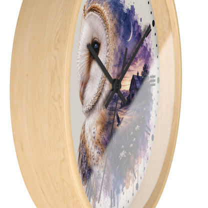 Round wall clock with a light natural wood frame and a printed artwork of a barn owl in front of a purple and blue watercolor landscape at dusk.
