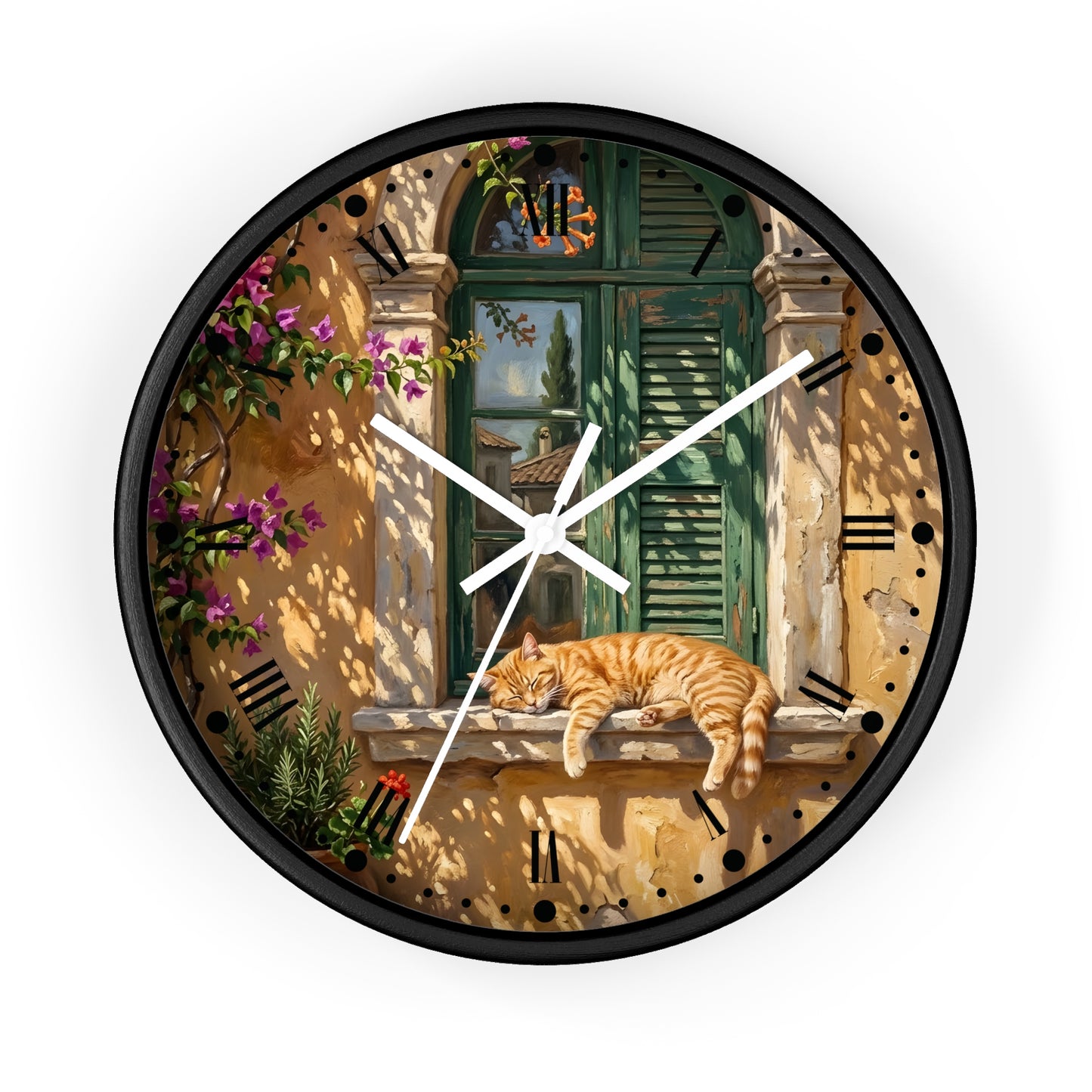 A round wall clock with a black frame and white hands, featuring a scenic illustration of an orange tabby cat sleeping on a stone windowsill in front of green shutters, with purple flowers and a warm beige wall.