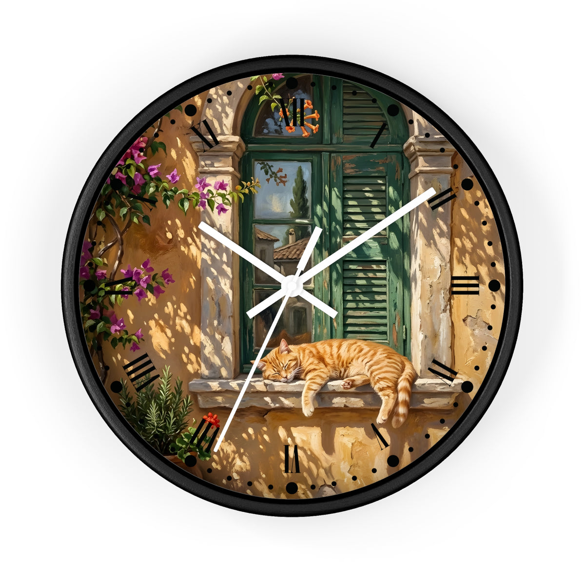 A round wall clock with a black frame and white hands, featuring a scenic illustration of an orange tabby cat sleeping on a stone windowsill in front of green shutters, with purple flowers and a warm beige wall.