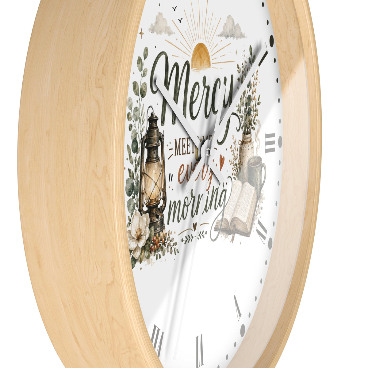 Mercy Meets Every Morning Wall Clock — Rustic Christian Inspirational Decor