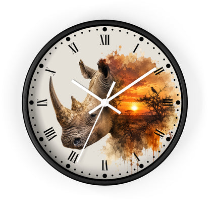Rhino Sunset Wall Clock with Roman Numerals — Safari Wildlife Decor