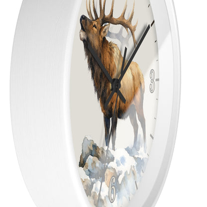 Elk Winter Wall Clock — Rustic Watercolor Mountain Lodge Decor