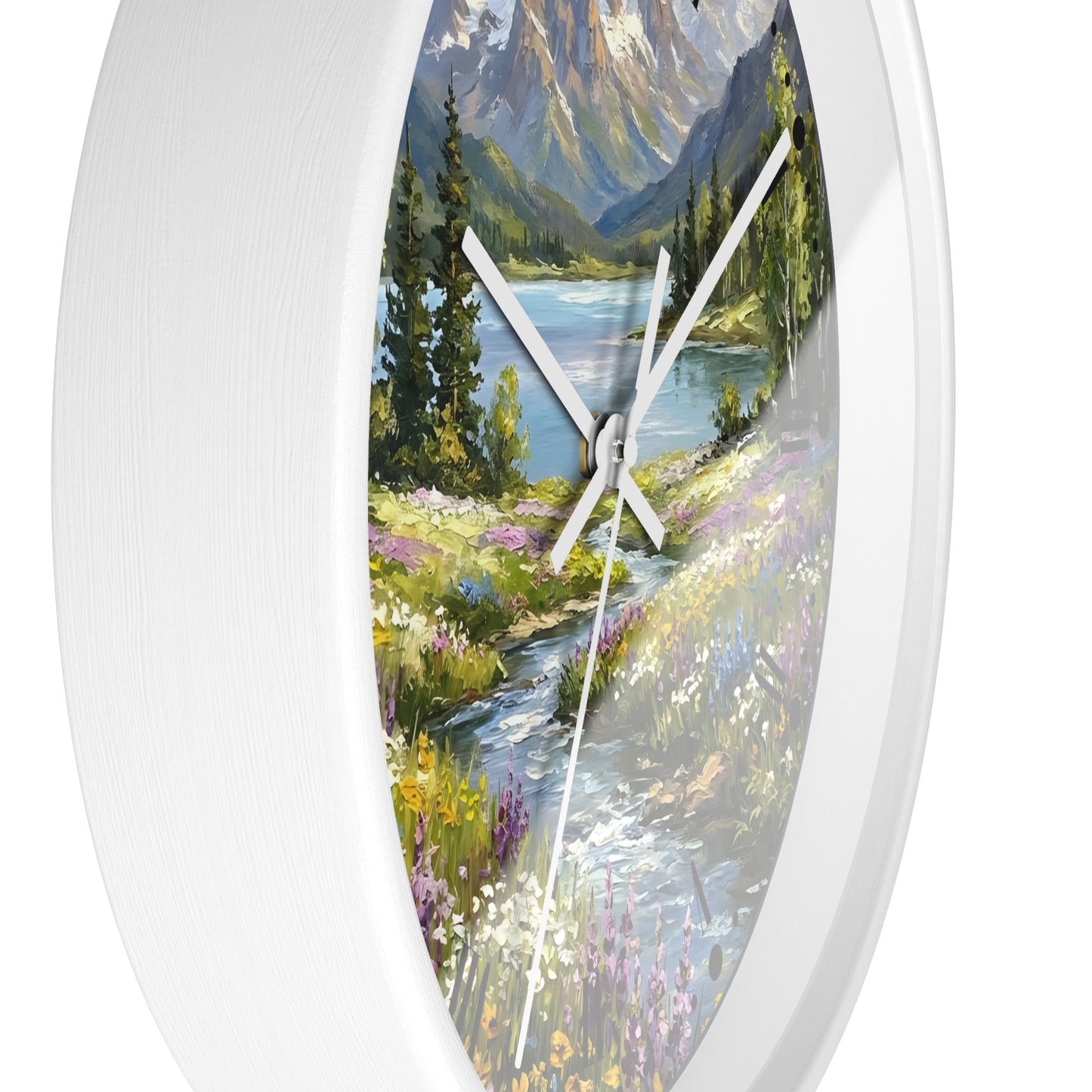 Oval wall clock with a white frame and a scenic landscape print featuring a mountain lake, trees, and a winding stream, shown against a white background.