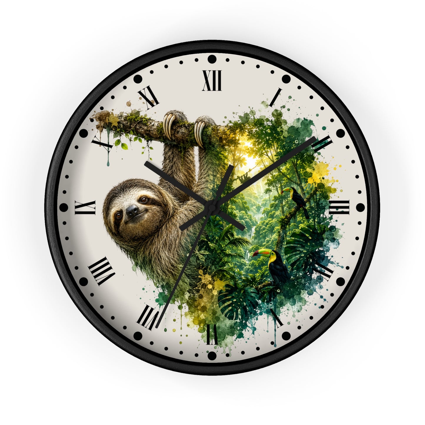 A round wall clock with a black frame and a tropical sloth illustration on the face. The clock features Roman numerals, black hands, and a watercolor-style jungle scene with green foliage, yellow light, and a toucan.