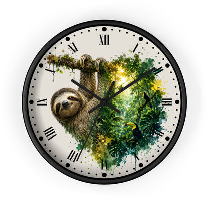 A round wall clock with a black frame and a tropical sloth illustration on the face. The clock features Roman numerals, black hands, and a watercolor-style jungle scene with green foliage, yellow light, and a toucan.