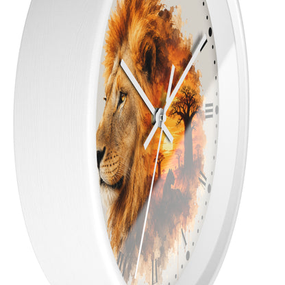 A white round wall clock with a printed lion and sunset scene on the face, shown against a plain white background.
