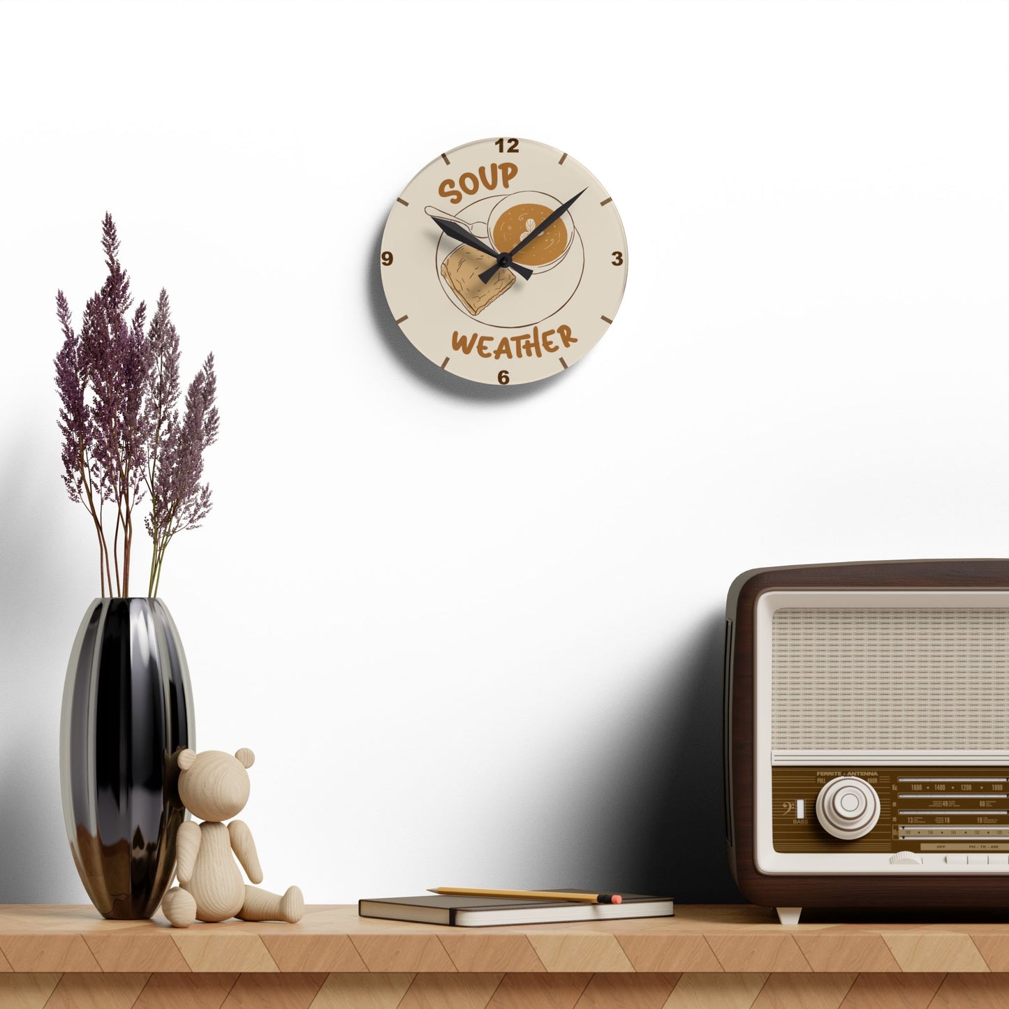 Soup Weather Acrylic Wall Clock — Cozy Kitchen Clock with Soup & Bread Illustration