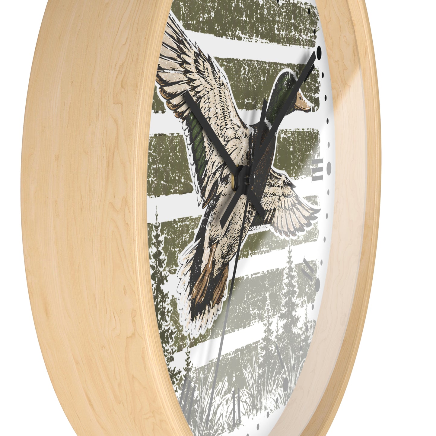 Round wall clock with a light natural wood frame and a printed duck scene on the face, photographed against a plain white background.