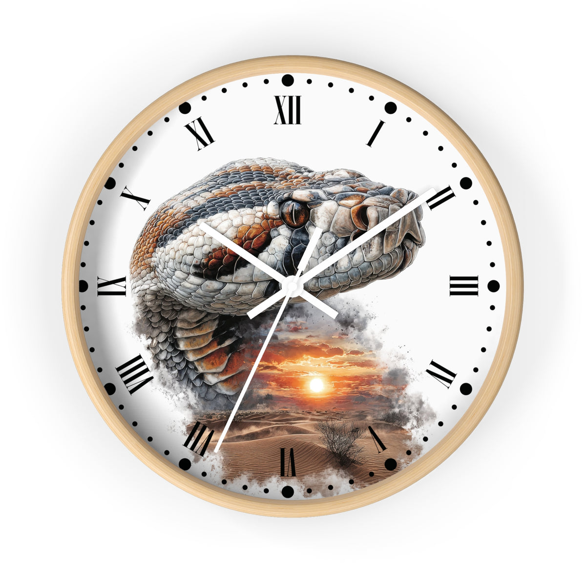 A round wall clock with a light wood frame and a white face featuring a large realistic snake over a desert sunset scene, with black Roman numerals and hands on a white background.
