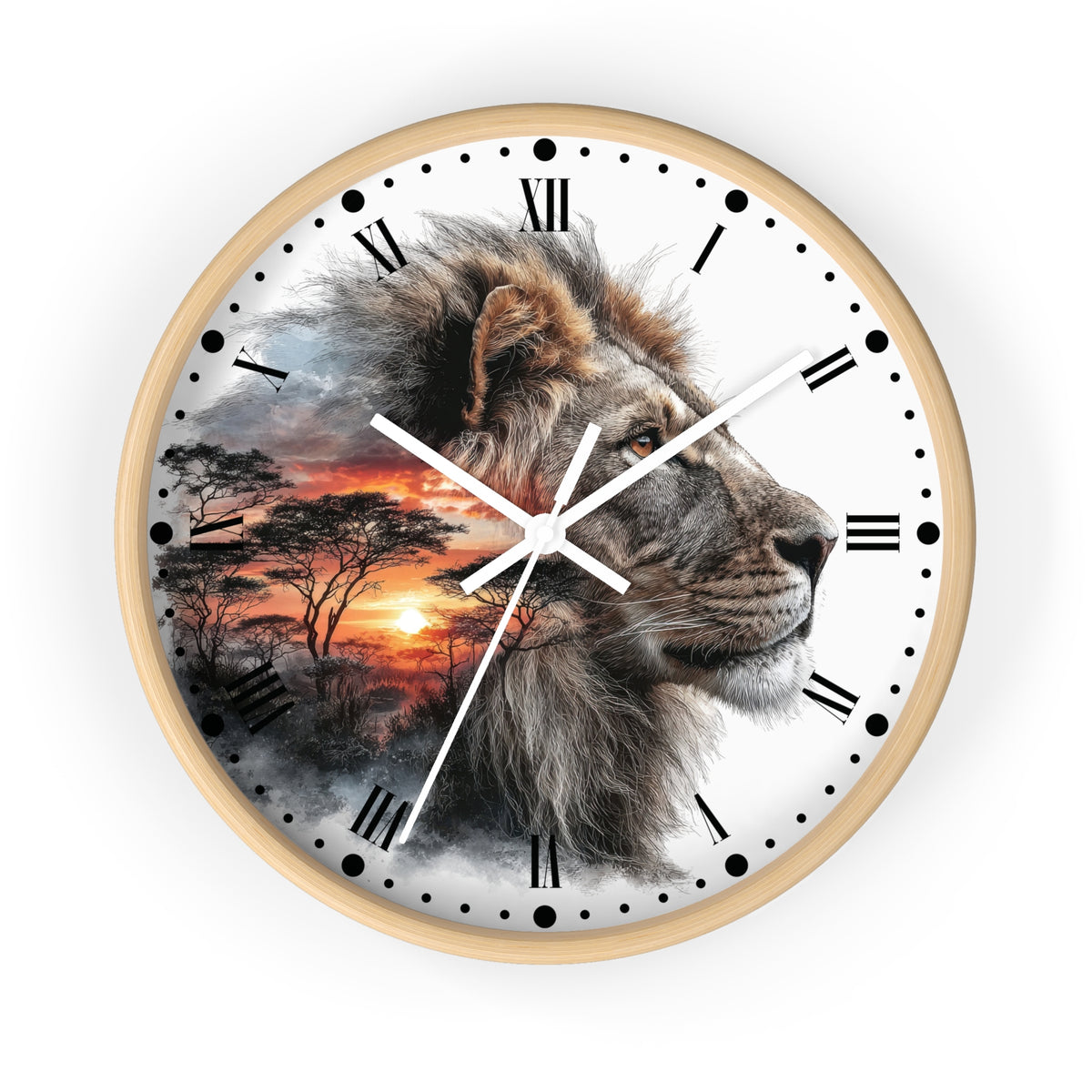 A round wall clock with a light wood frame, featuring a printed design of a lion's face over an African savanna sunset scene with black Roman numerals and white clock hands on a white background.