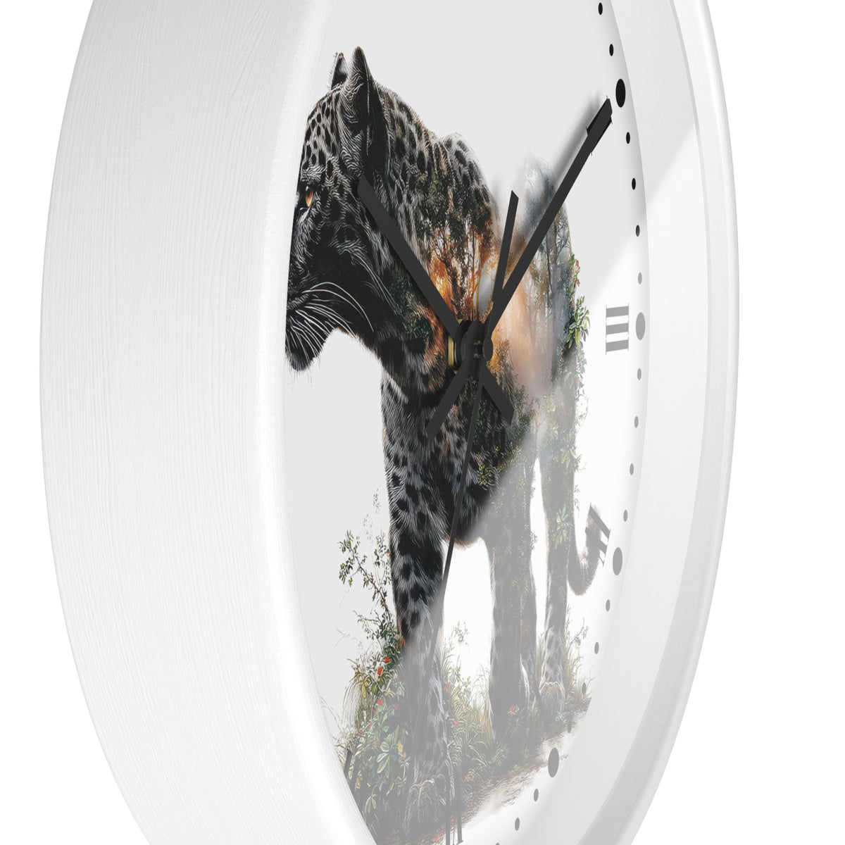 A round white wall clock with a printed leopard design on the face, featuring black hands and black hour markers, shown against a plain white background.