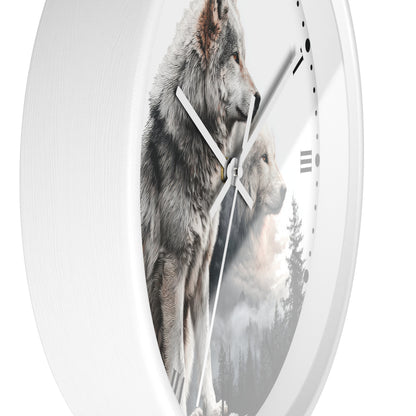 A round white wall clock with a printed design of two wolves in a misty forest on the face, shown against a plain white background.