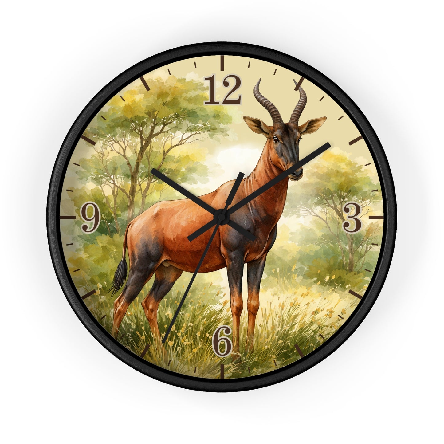Round wall clock with a black frame and a printed safari scene featuring a red hartebeef antelope on a light beige background with black numerals and hands.