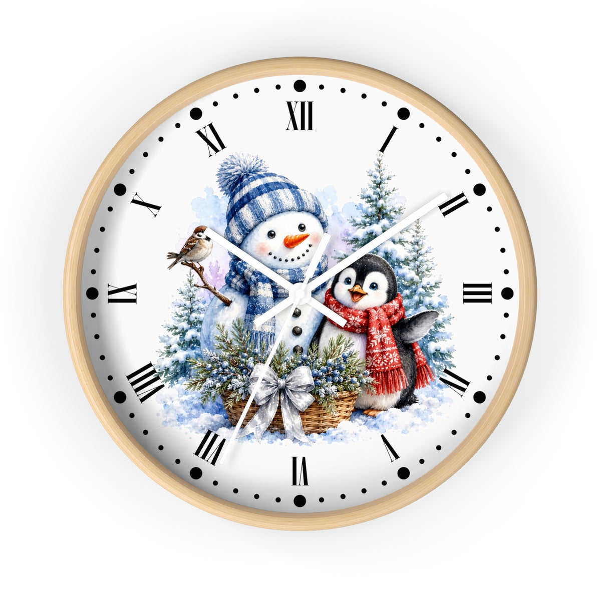 A round wall clock with a light wood frame and a white face featuring a winter illustration of a snowman, a penguin, evergreen trees, and Roman numerals.