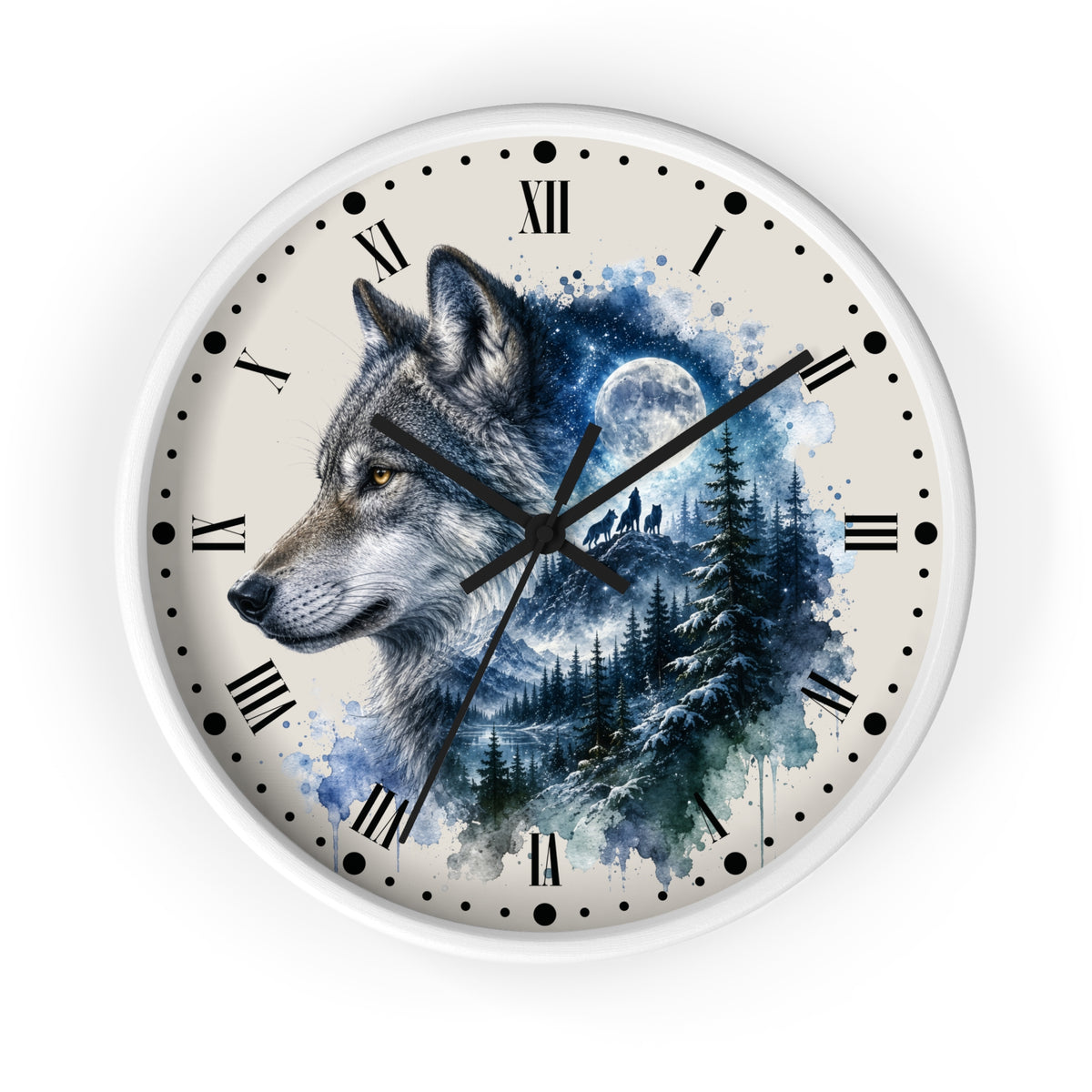 A round wall clock with a white frame and a printed wolf illustration over a blue watercolor forest and moon background. The clock face is off-white with black Roman numerals and black hands.
