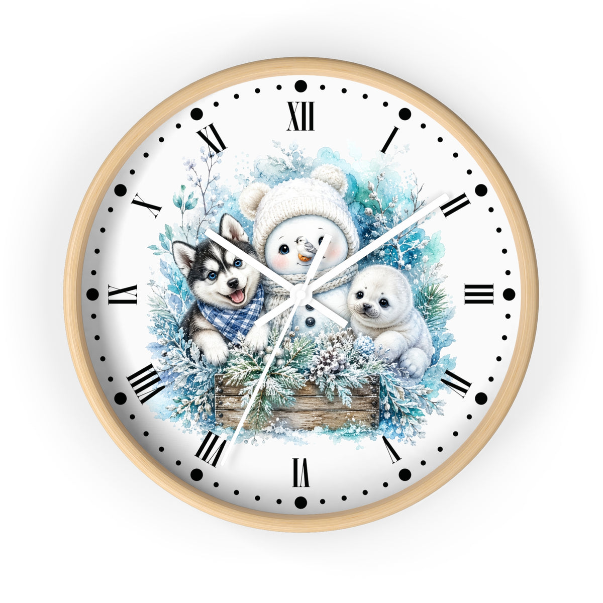 A round wall clock with a light wood frame and a white face, featuring a winter illustration of a snowman, a husky, a seal, and evergreen branches. The clock uses black Roman numerals and markers with white hands.