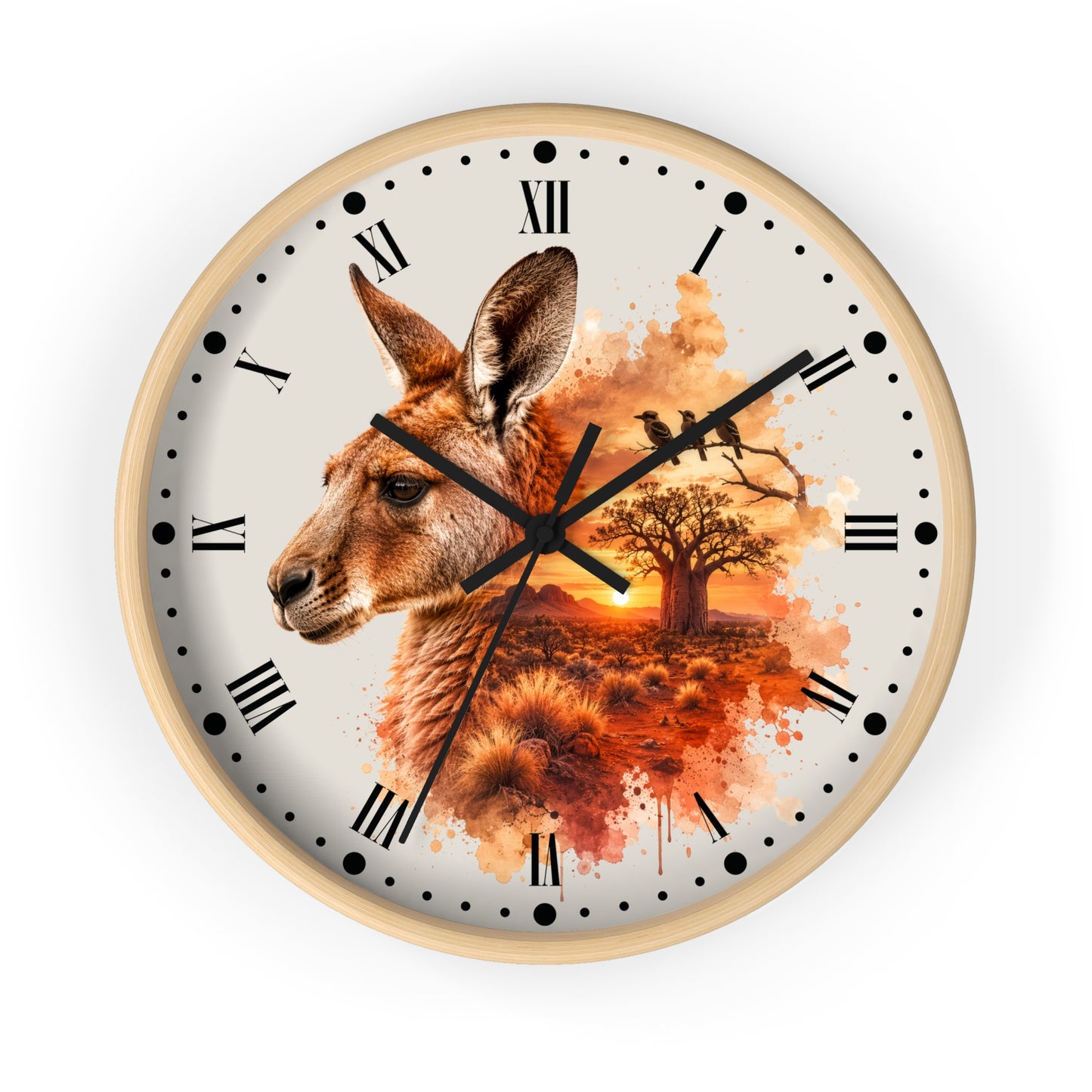 A round wall clock with a light wood frame and a printed design featuring a kangaroo head, a tree, birds, and an orange sunset over a landscape. The clock face is off-white with black Roman numerals and hour markers.