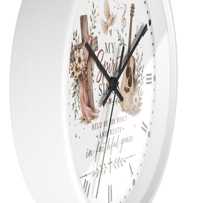 My Spirit Sings Religious Wall Clock — Faith-Inspired Guitar & Cross Home Decor