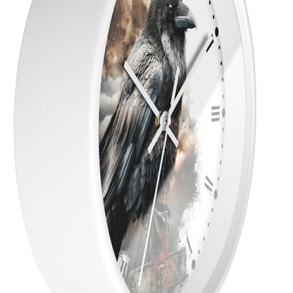 A white round wall clock with a printed raven artwork on the face, shown against a plain white background.