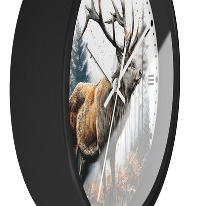 A round wall clock with a black frame and a printed deer and forest scene on the face, shown against a plain white background.