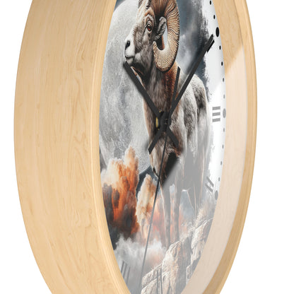 Round wall clock with a light natural wood frame and a printed ram illustration on the face, shown against a plain white background.