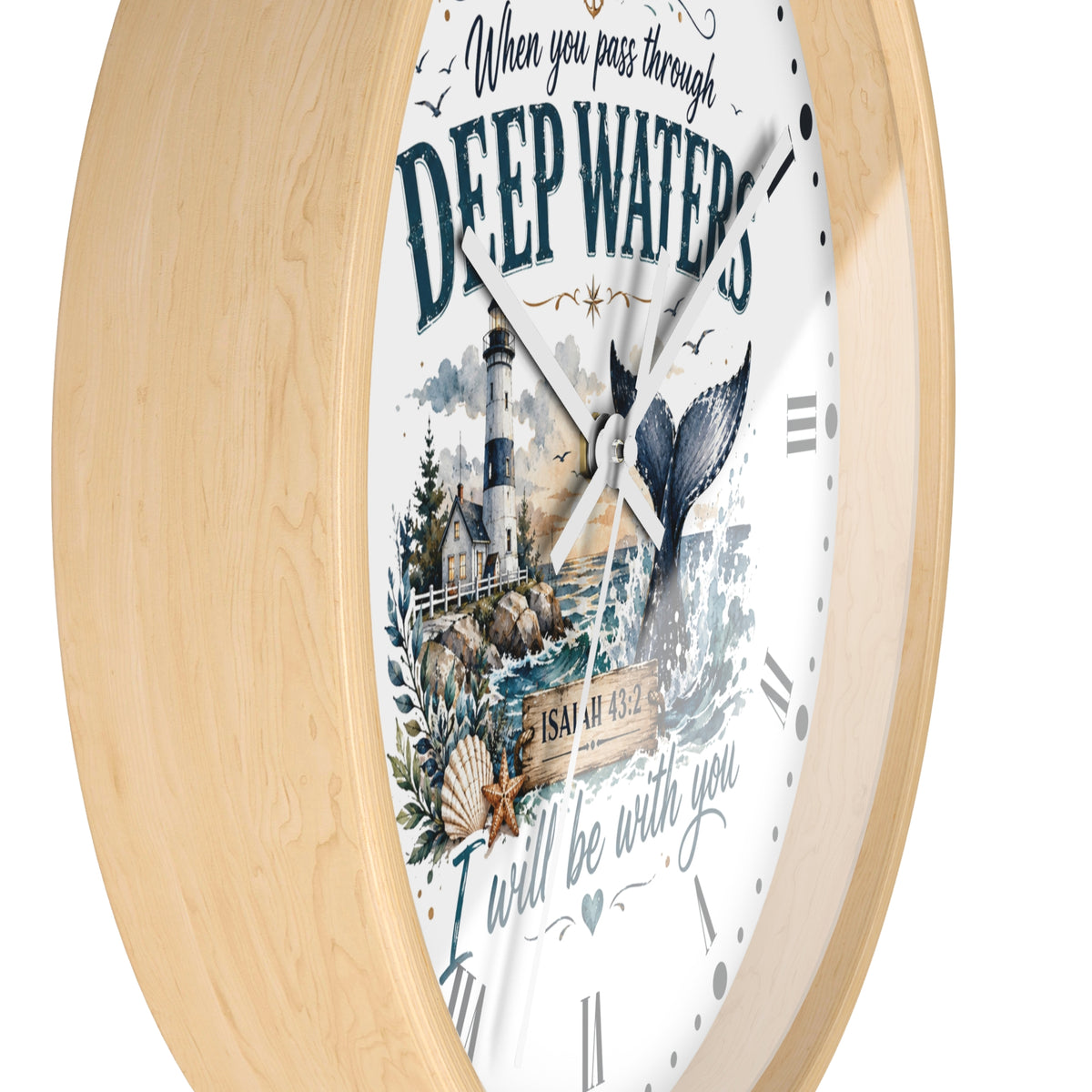 Inspirational Lighthouse Bible Verse Wall Clock — "When You Pass Through Deep Waters" (Isaiah 43:2)