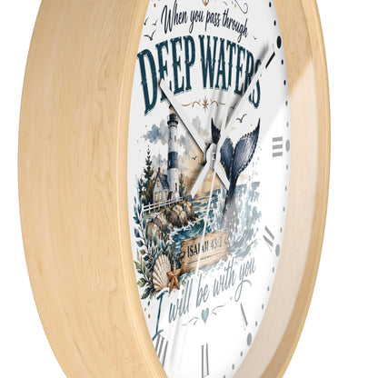 Inspirational Lighthouse Bible Verse Wall Clock — "When You Pass Through Deep Waters" (Isaiah 43:2)