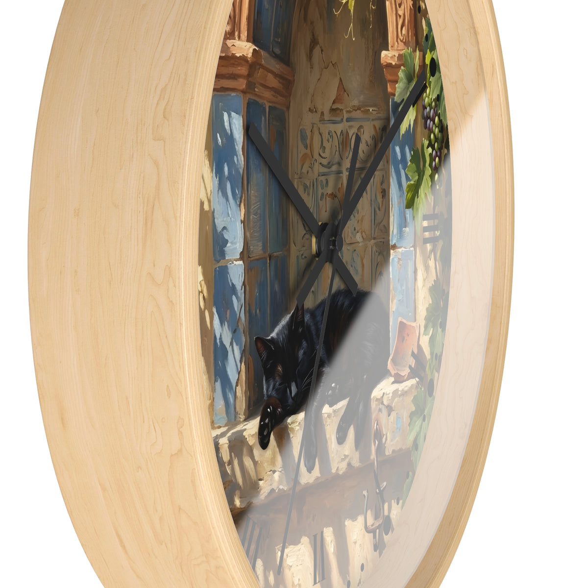 Round wall clock with a light natural wood frame and a printed scenic face showing a black cat resting on a windowsill against blue shutters and warm wall panels.