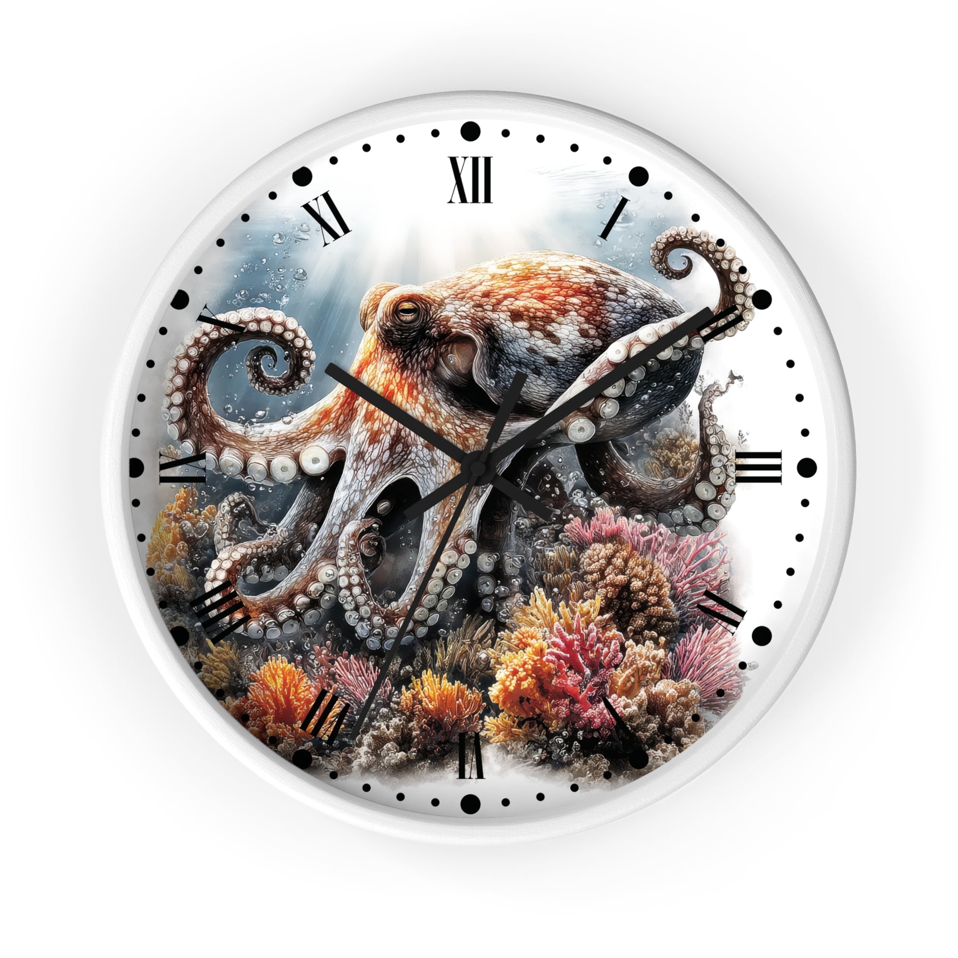 Round wall clock with a white frame and face, featuring a detailed illustration of an octopus among colorful coral reef marine life, with black Roman numerals and hands.