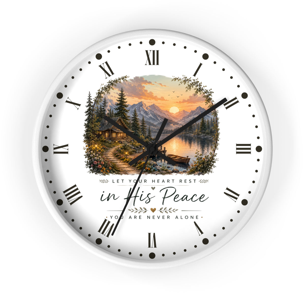 Scenic Cabin Christian Wall Clock - 'In His Peace Let Your Heart Rest'