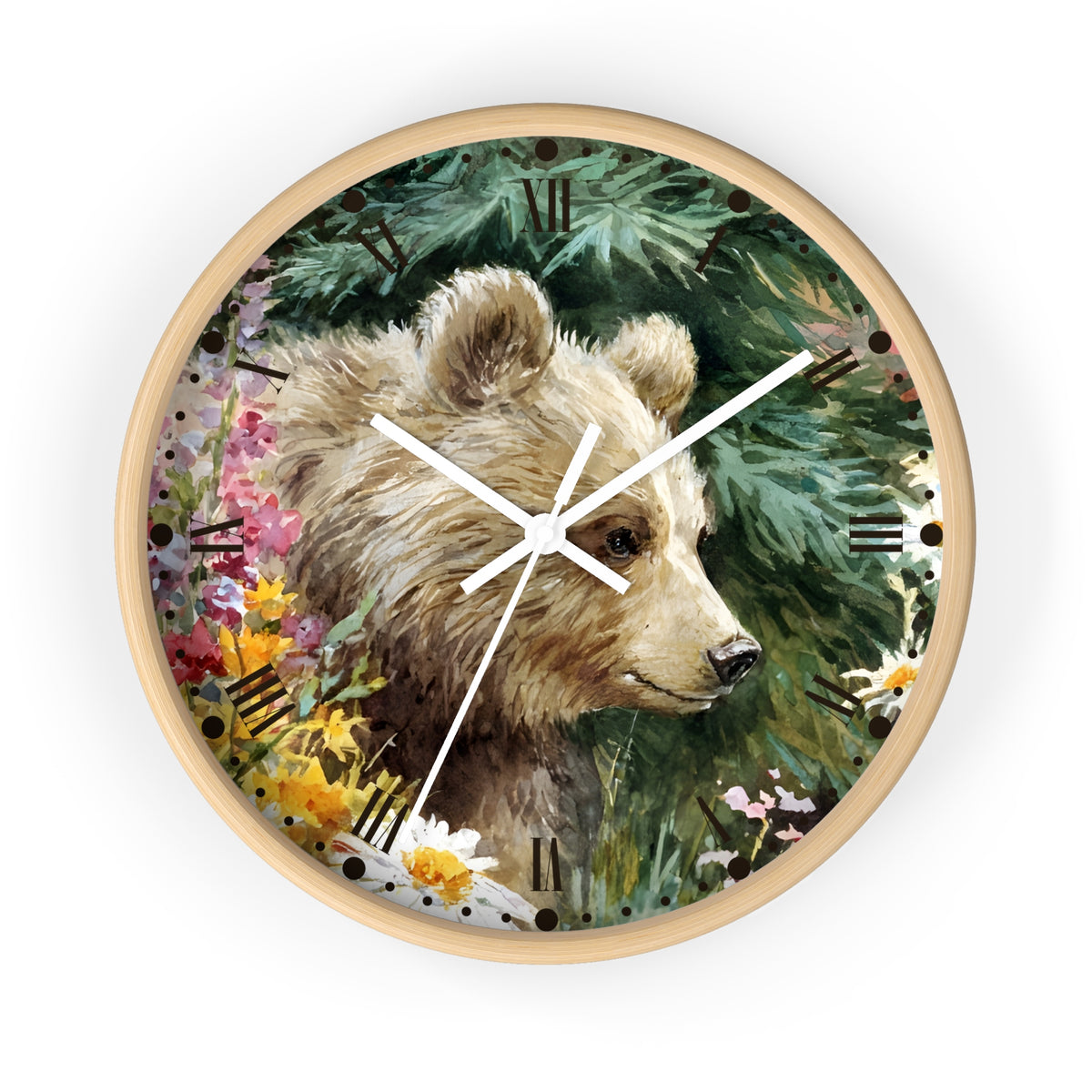 Bear Cub Floral Wall Clock — Rustic Woodland Nursery Decor