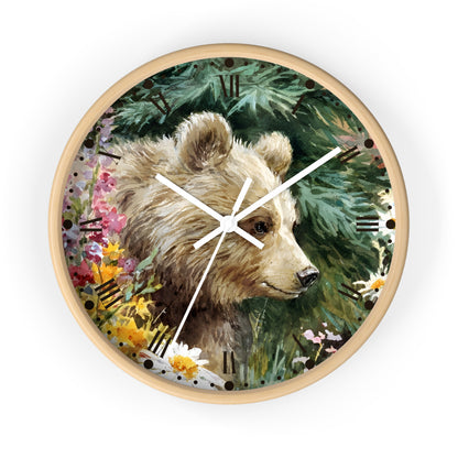 Bear Cub Floral Wall Clock — Rustic Woodland Nursery Decor
