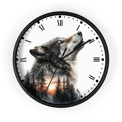 Wolf  Sunset Wall Clock with Roman Numerals — Rustic Forest Animal Decor