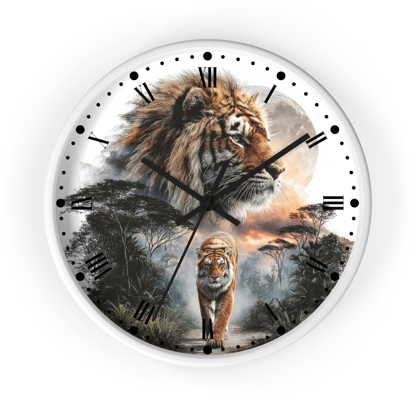 A round wall clock with a white frame and a printed safari scene featuring a large tiger head, a walking tiger, trees, and a moon on the clock face. The clock is shown against a plain white background.