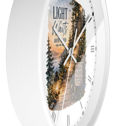 Rustic Lantern Christian Wall Clock — "Light Waits Around the Bend" Bible Verse Decor