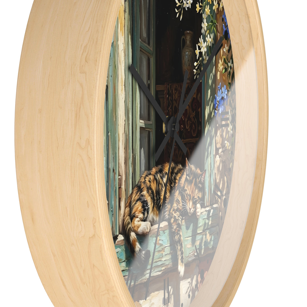 Round wall clock with a light natural wood frame and black hands, featuring a printed illustration of a cat on a windowsill in the center.