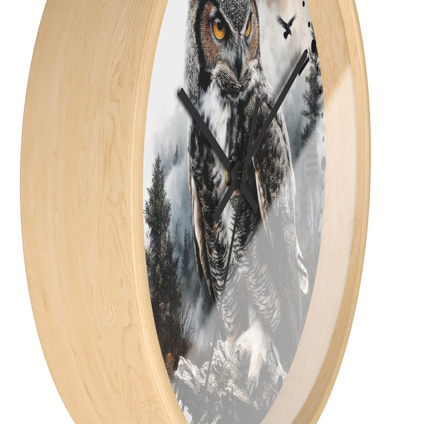 Round wall clock with a light natural wood frame and a printed owl scene on the face. The clock has black hands and is shown against a plain white background.