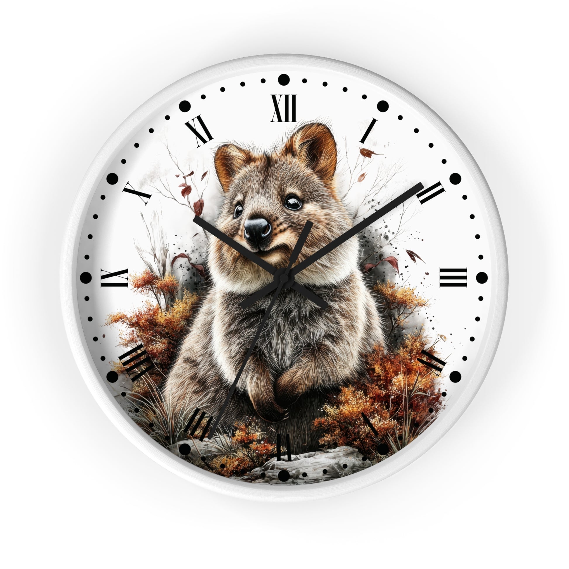 Round wall clock with a white frame and face, featuring a detailed illustration of a quokka surrounded by autumn foliage. The clock has black Roman numeral hour markers, black hour and minute hands, and black minute markers on a white background.