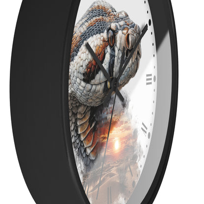 A close-up of a round wall clock with a black frame and a printed face featuring a detailed snake illustration over a desert sunset scene, with black hands and minimal Roman numerals.