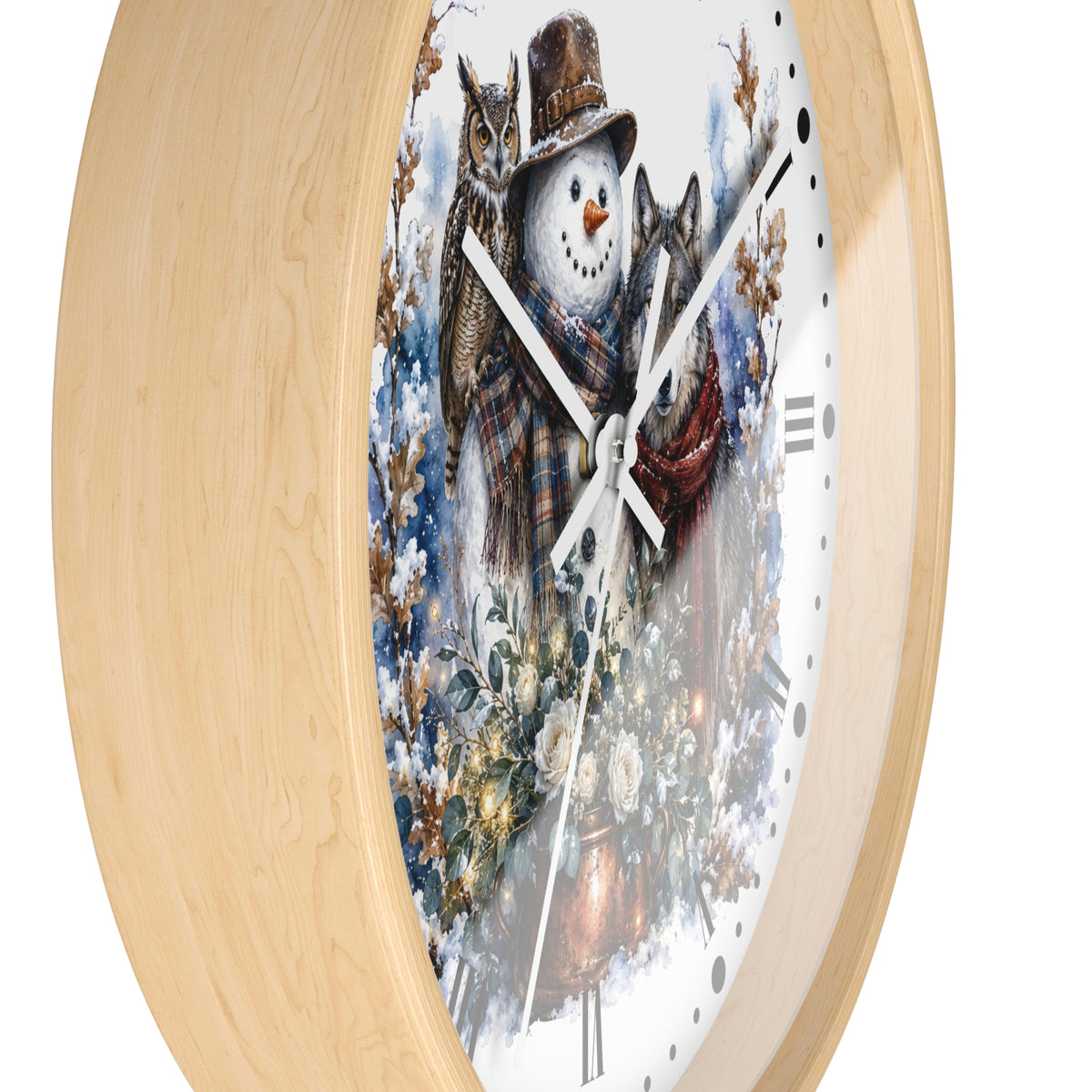 A round wall clock with a light natural wood frame and a winter-themed printed face showing a snowman, a wolf, and a owl in a snowy outdoor scene.